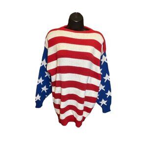 Vintage Lerner Red White Blue Made in USA Flag Patriotic Boat Neck Sweater Sz M